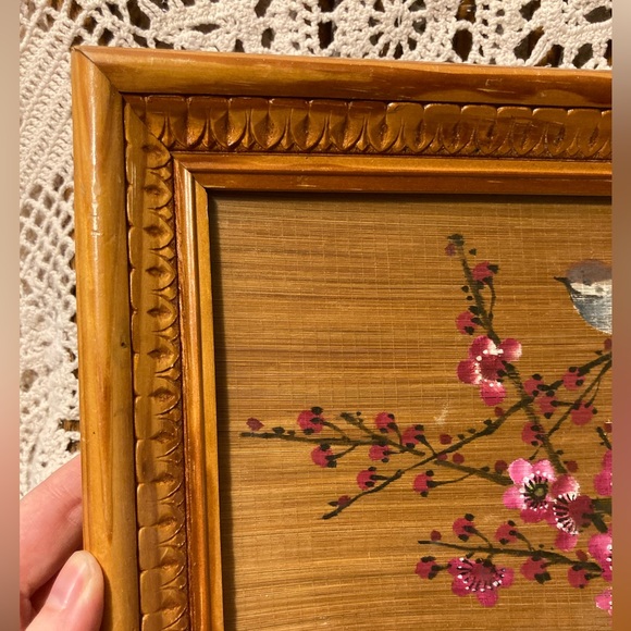 Vintage Bamboo Scroll Painted Bird with Tree Blossoms Teak Framed Wall Decor - Picture 6 of 17